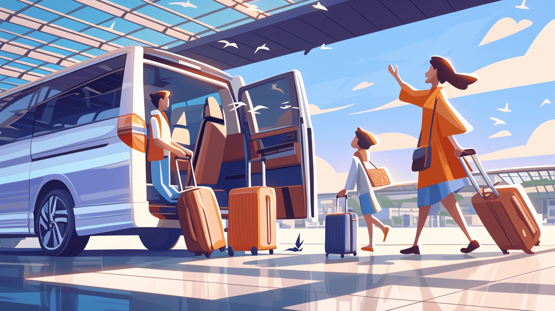 Family arriving at airport with luggage for shuttle service - welcoming airport transfer experience
